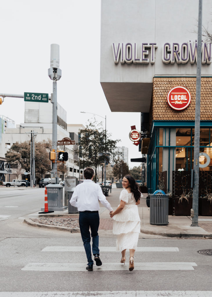 running downtown,
romantic engagement session